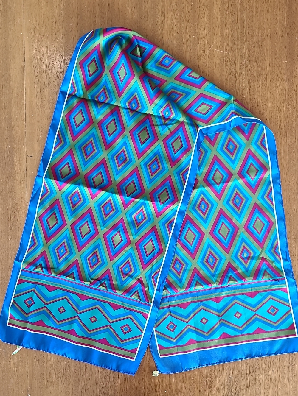 Vintage Italian Geometric Scarf with Gold Tone Corner Charm Accent